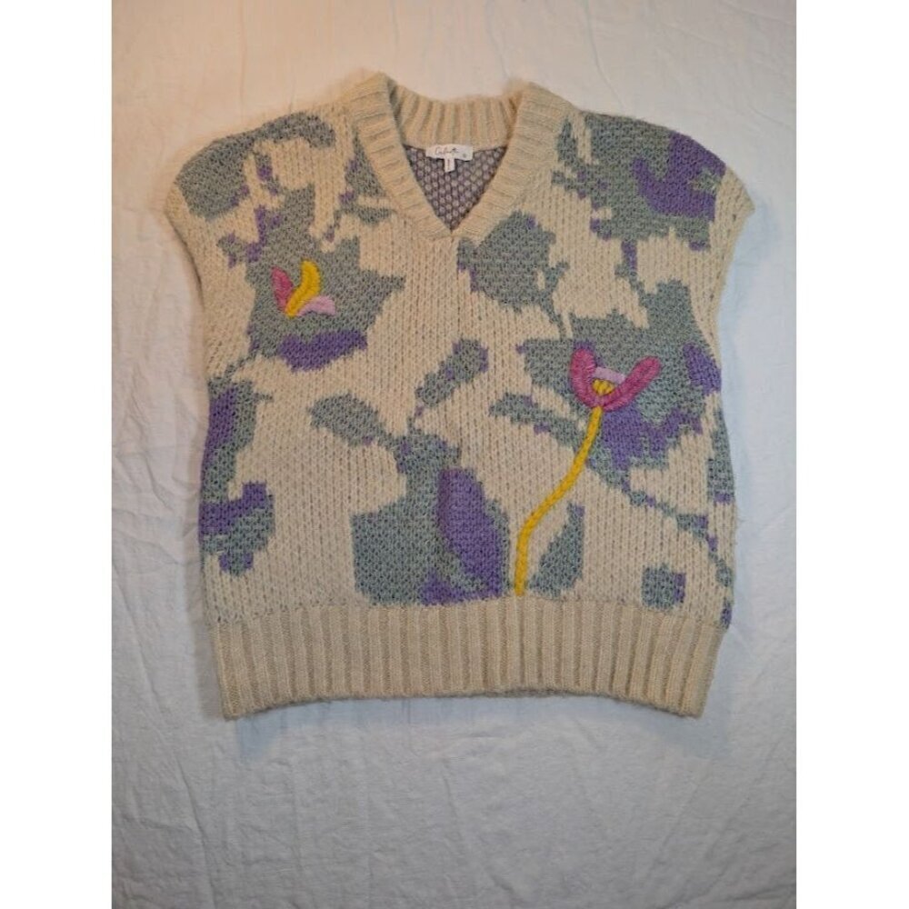 Calirta women's sz small floral v neck sweater vest white purple green pink SW6